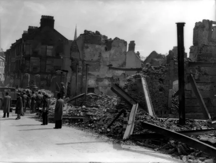 Framed Print : Plymouth Bomb Damage WW2 Civilians and rescue workers search through the the bomb