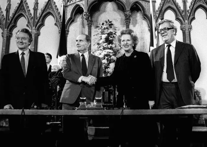 Framed Print : PM Margaret Thatcher with President Francois Mitterrand after signing the Channel Tunnel Framed Print : PM Margaret Thatcher with President Francois Mitterrand after signing the Channel Tunnel