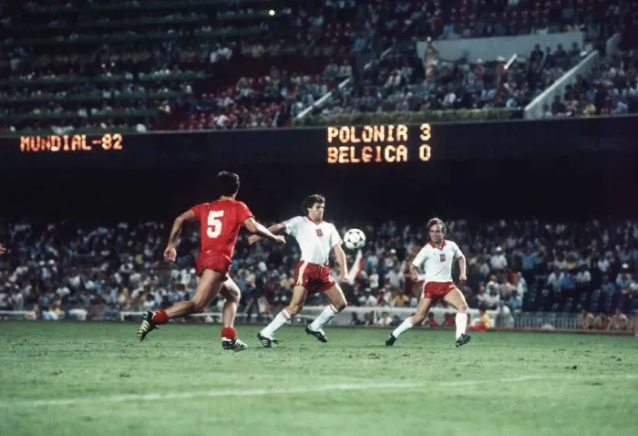 Framed Print : Poland v Belgium 1982 World Cup Michel Renquin tries to make up ground as
