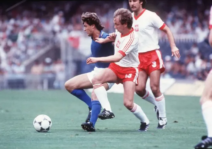 Framed Print : Poland v Italy 1982 World Cup Matysik (13) puts in a tackle on Rossi Framed Print : Poland v Italy 1982 World Cup Matysik (13) puts in a tackle on Rossi