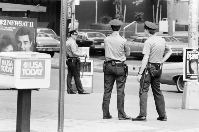 Framed Print : Police Officers standing on street corner, New York, USA, June 1984 Framed Print : Police Officers standing on street corner, New York, USA, June 1984