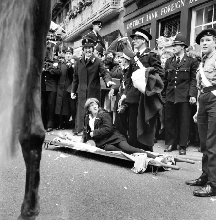 Framed Print : Police try to control fans in the streets of Liverpool before the premiere of the Beatles