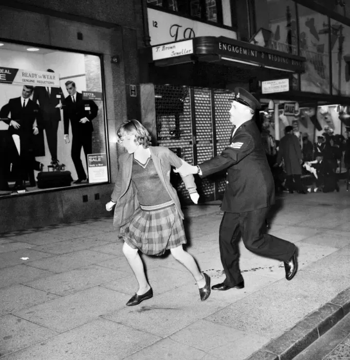 Framed Print : Police try to control fans in the streets of Liverpool before the premiere of the Beatles Framed Print : Police try to control fans in the streets of Liverpool before the premiere of the Beatles