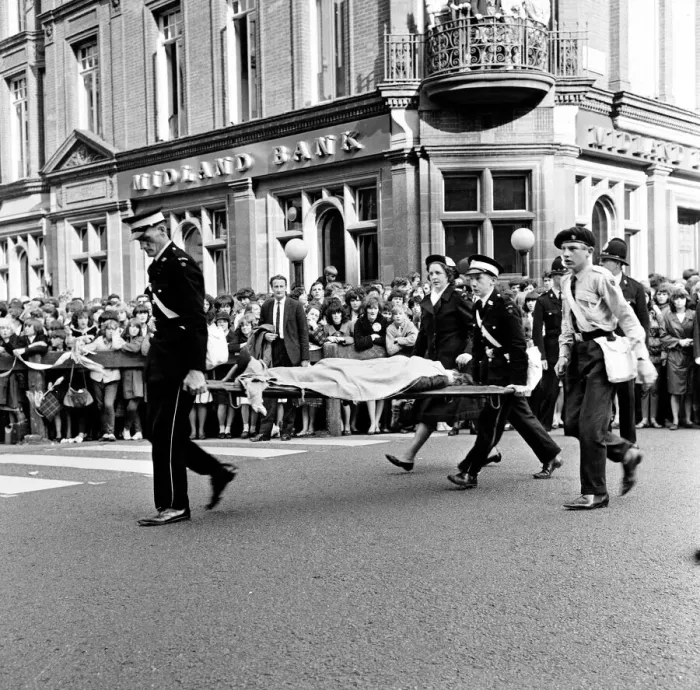 Framed Print : Police try to control fans in the streets of Liverpool before the premiere of The Beatles Framed Print : Police try to control fans in the streets of Liverpool before the premiere of The Beatles