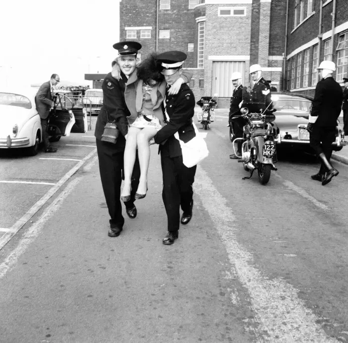 Framed Print : Police try to control fans in the streets of Liverpool before the premiere of The Beatles Framed Print : Police try to control fans in the streets of Liverpool before the premiere of The Beatles