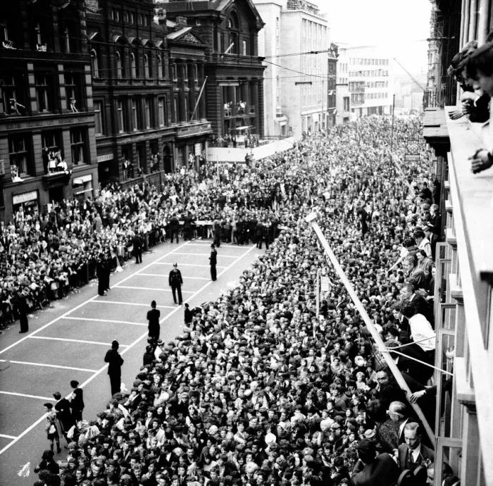 Framed Print : Police try to control fans in the streets of Liverpool before the premiere of The Beatles Framed Print : Police try to control fans in the streets of Liverpool before the premiere of The Beatles