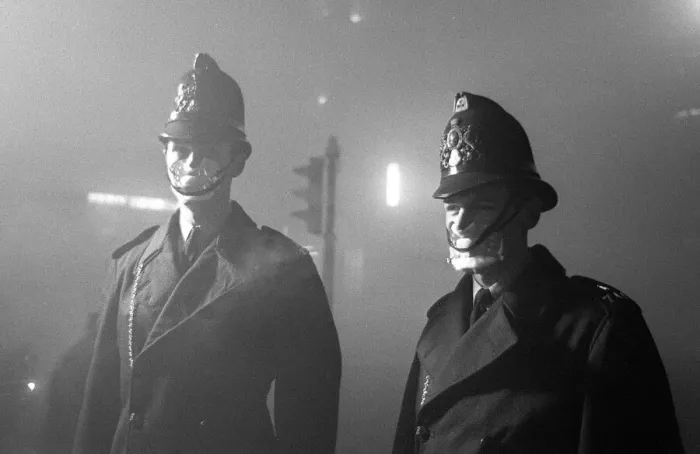 Framed Print : Policeman in smog mask December 1962 PC John Finn right from Snow Hill Police Framed Print : Policeman in smog mask December 1962 PC John Finn right from Snow Hill Police
