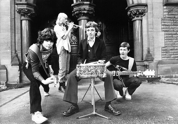 Pop group Burst, Ben on trumpet, and left to right, Peter, Gavin and Aldo