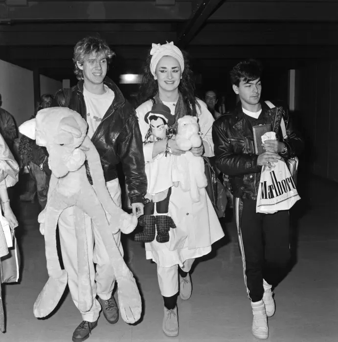 Framed Print : Pop group Culture Club arrive at Heathrow Airport from Madrid Framed Print : Pop group Culture Club arrive at Heathrow Airport from Madrid