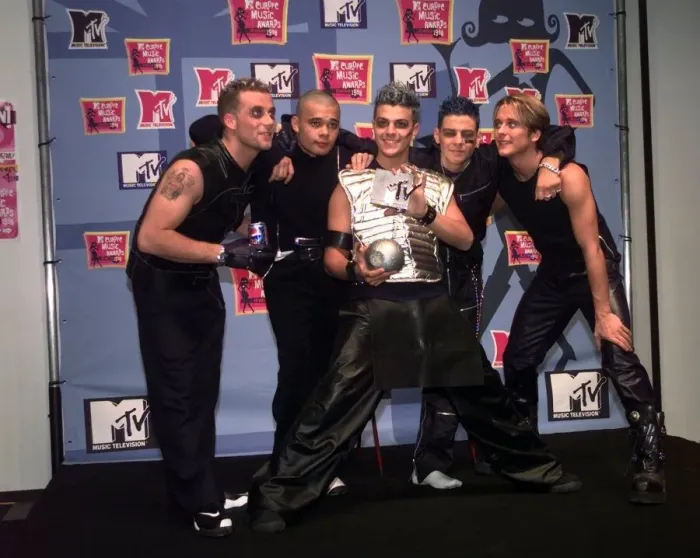 Framed Print : Pop group Fives holding their awards at the MTV Awards Ceremony in Milan November Framed Print : Pop group Fives holding their awards at the MTV Awards Ceremony in Milan November