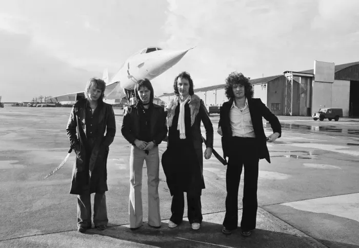 Framed Print : The pop group Pilot'pictured here beside the famous supersonic airliner Framed Print : The pop group Pilot'pictured here beside the famous supersonic airliner