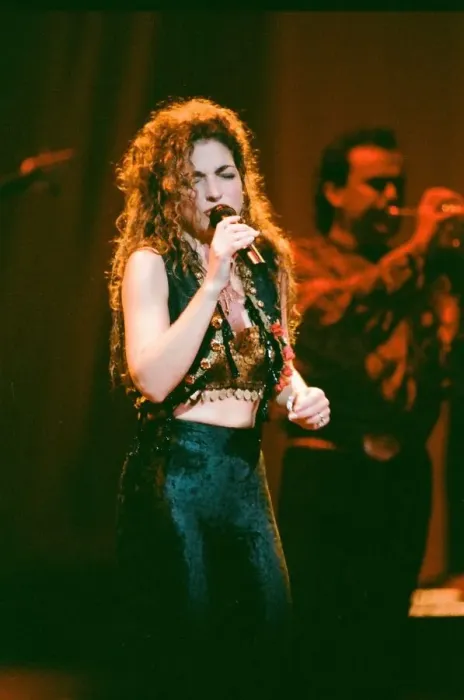 Framed Print : Pop singer Gloria Estefan performing on stage during a concert in Britain 24th Framed Print : Pop singer Gloria Estefan performing on stage during a concert in Britain 24th