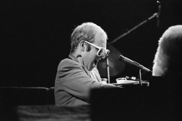 Framed Print : Pop star Elton John on stage at Earls Court, London. This is his first London concert Framed Print : Pop star Elton John on stage at Earls Court, London. This is his first London concert