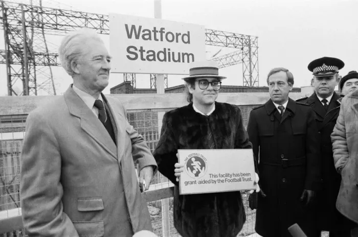 Framed Print : Pop star and Watford FC Chairman, Elton John, opens the new Watford Stadium Halt railway