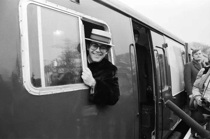 Framed Print : Pop star and Watford FC Chairman, Elton John, opens the new Watford Stadium Halt railway Framed Print : Pop star and Watford FC Chairman, Elton John, opens the new Watford Stadium Halt railway