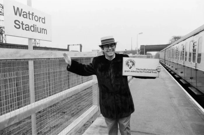 Framed Print : Pop star and Watford FC Chairman, Elton John, opens the new Watford Stadium Halt railway Framed Print : Pop star and Watford FC Chairman, Elton John, opens the new Watford Stadium Halt railway