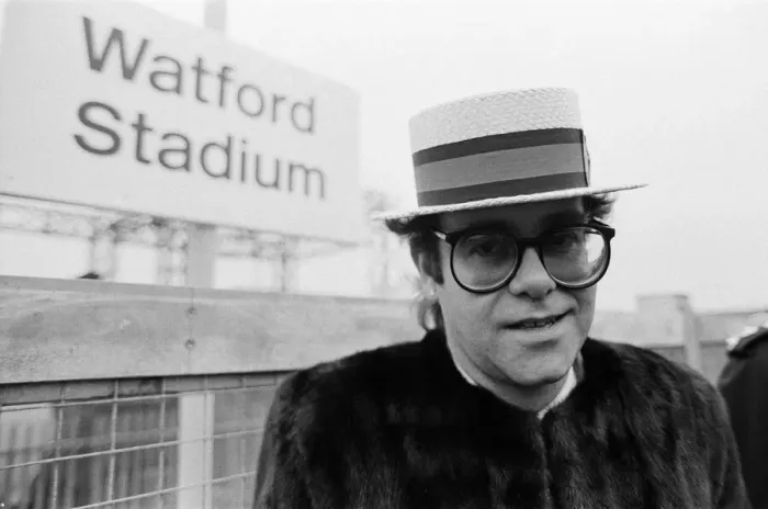 Framed Print : Pop star and Watford FC Chairman, Elton John, opens the new Watford Stadium Halt railway Framed Print : Pop star and Watford FC Chairman, Elton John, opens the new Watford Stadium Halt railway