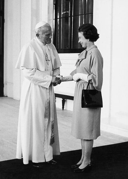 The Pope in Britain. Pope John Paul greets Queen Elizabeth II. 1st June 1982