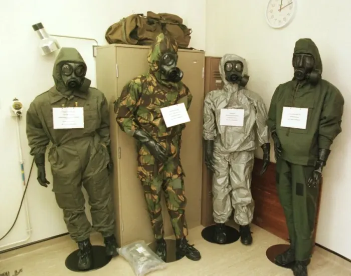 Framed Print : Porton Down September 1999 protective clothing suits that have been tested by Porton Man