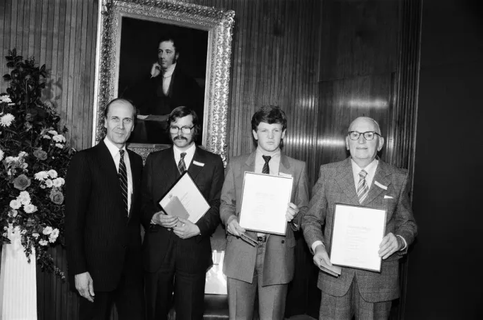 Framed Print : Post Office Bravery Awards. Presenting the awards, Norman Tebbit Framed Print : Post Office Bravery Awards. Presenting the awards, Norman Tebbit