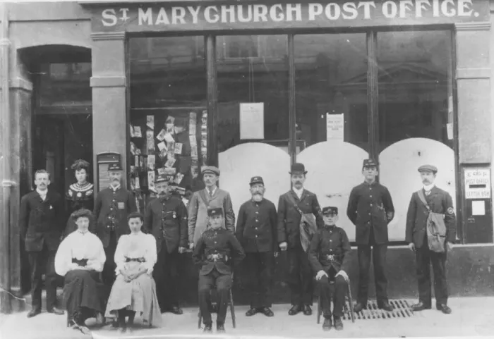 Framed Print : Post Office staff in a formal photograph outside St Marychurch Post Office