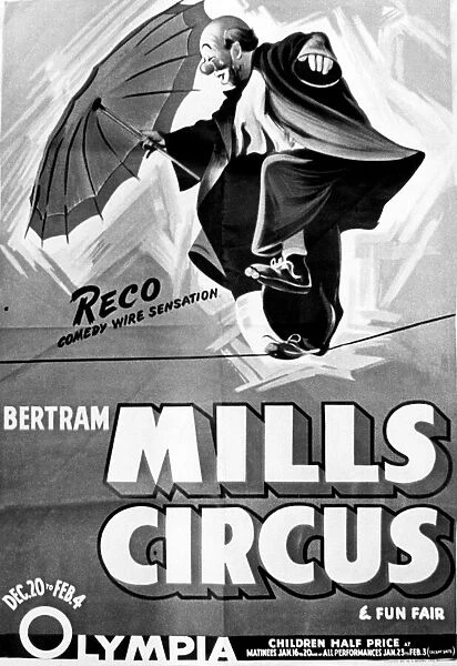 Poster for Bertram Mills Circus, image shows Reco comedy wire sensation. 20th July 1979