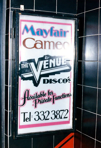A poster promoting the Mayfair, Cameo and Venue nightclubs, Scotland. 15th November 1992