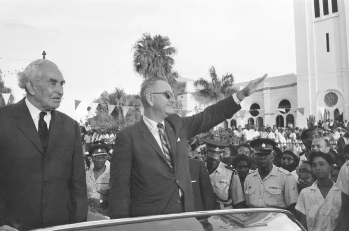 Framed Print : Premier Alexander Bustamante (left) with Vice President Lyndon B Framed Print : Premier Alexander Bustamante (left) with Vice President Lyndon B