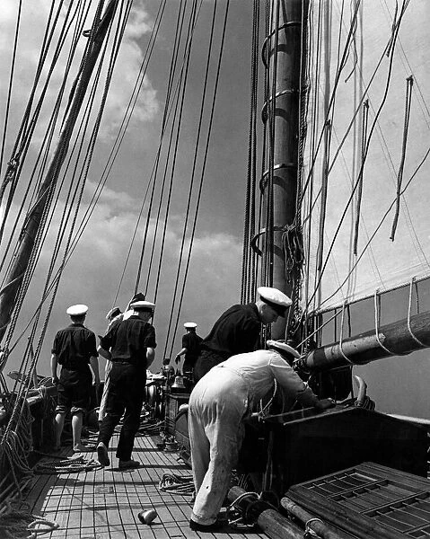 Preparing to set the staysail. May 1948 P009230