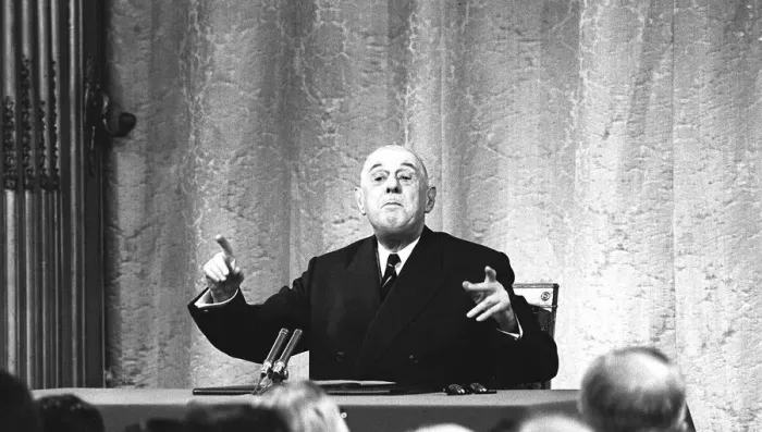 Framed Print : President Charles de Gaulle of France at a press conference at the Elysee Palace in Paris Framed Print : President Charles de Gaulle of France at a press conference at the Elysee Palace in Paris