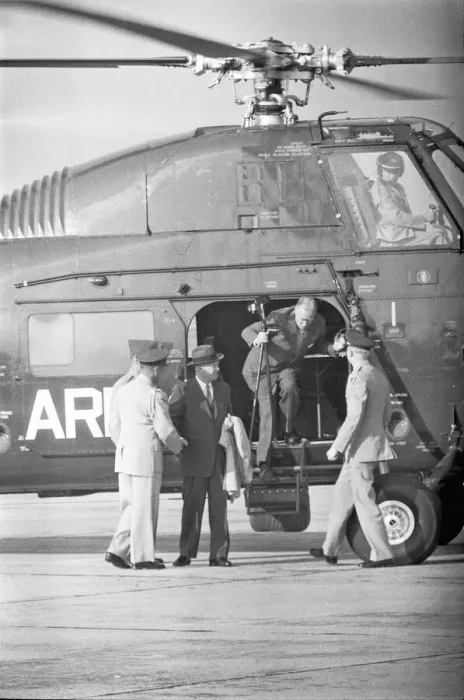 Framed Print : President Eisenhower and his Secretary of State John Foster Dulles seen here disembarking