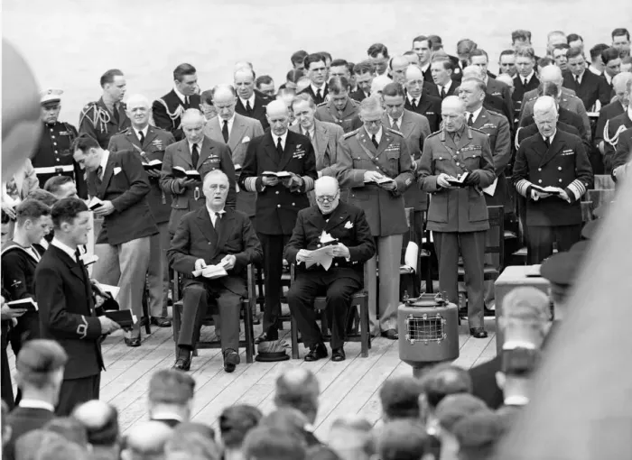 Framed Print : President Franklin Roosevelt and Prime Minister Winston Churchill singing hymns during Framed Print : President Franklin Roosevelt and Prime Minister Winston Churchill singing hymns during