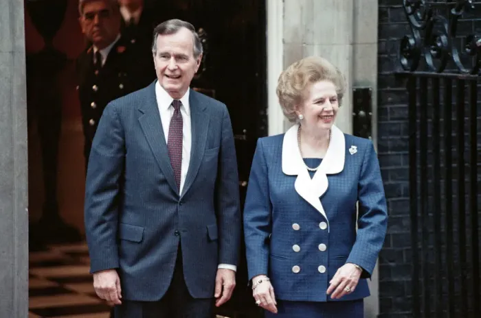 Framed Print : President of the United States George Bush and Prime Minister Margaret Thatcher outside