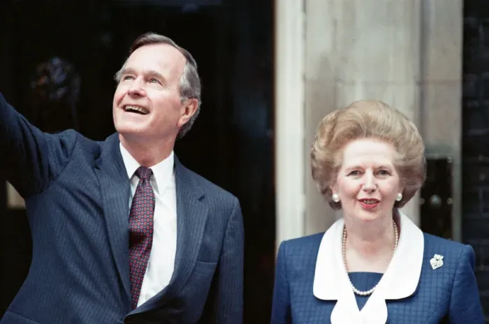 Framed Print : President of the United States George Bush and Prime Minister Margaret Thatcher outside Framed Print : President of the United States George Bush and Prime Minister Margaret Thatcher outside