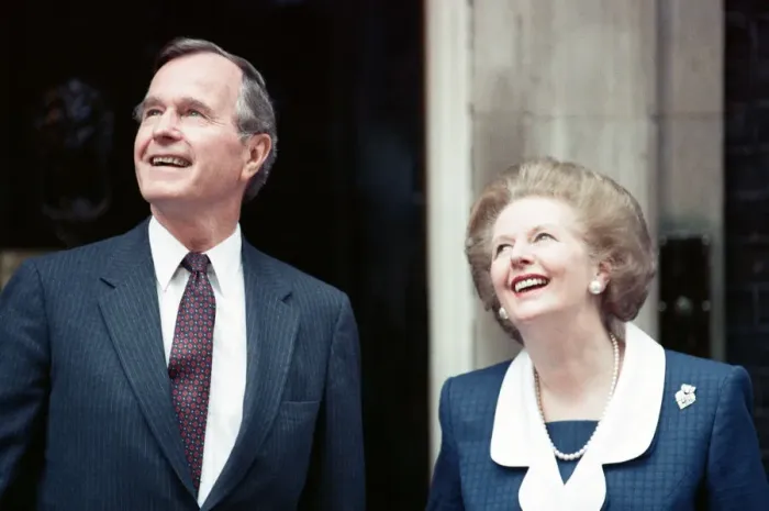 Framed Print : President of the United States George Bush and Prime Minister Margaret Thatcher outside