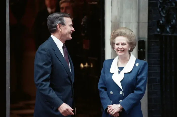 Framed Print : President of the United States George Bush and Prime Minister Margaret Thatcher outside Framed Print : President of the United States George Bush and Prime Minister Margaret Thatcher outside