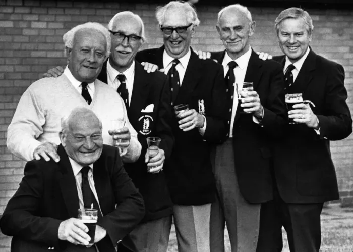 Framed Print : President of the Warwickshire RFU Harry Walker (seated) pictured after concluding his two Framed Print : President of the Warwickshire RFU Harry Walker (seated) pictured after concluding his two