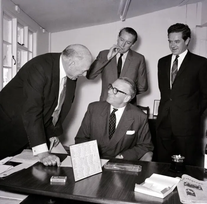 Framed Print : Press Conference at the National Theatre offices - seated is Sir Laurence Olivier