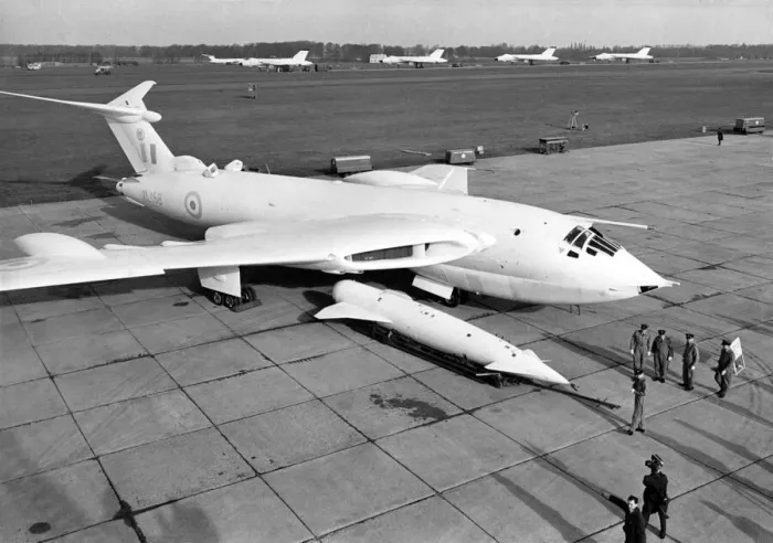 Framed Print : Press showing of the Handley Page Victor bomber with its Blue Steel stand - off bomb Framed Print : Press showing of the Handley Page Victor bomber with its Blue Steel stand - off bomb