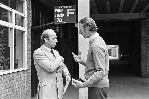 Preston North End F. C. manager Bobby Charlton with his brother Jack Charlton. 1973