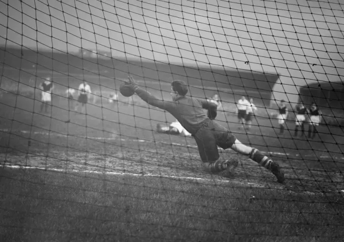 Framed Print : Preston North End v Burnley Division One Desmond Thompson Burnley goalkeeper dives in Framed Print : Preston North End v Burnley Division One Desmond Thompson Burnley goalkeeper dives in