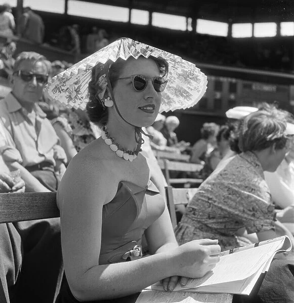 A pretty spectator at Wimbledon Tennis Championships, July 1957