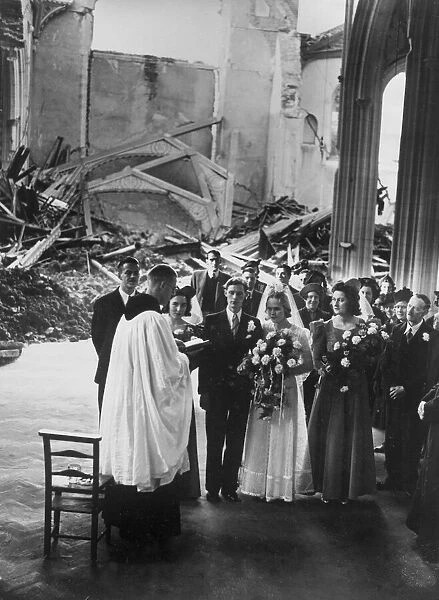 A priest leading a wedding ceremony amongst the ruins of a bombed church as life goes