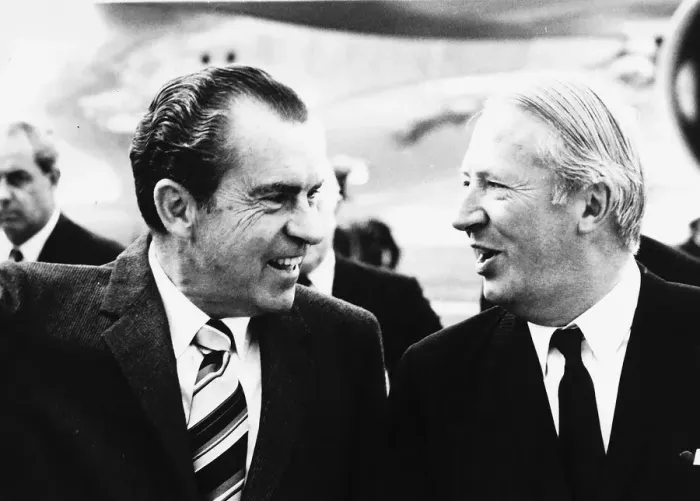 Framed Print : Prime Minister Edward Heath October 1970 in friendly conversation with President Framed Print : Prime Minister Edward Heath October 1970 in friendly conversation with President