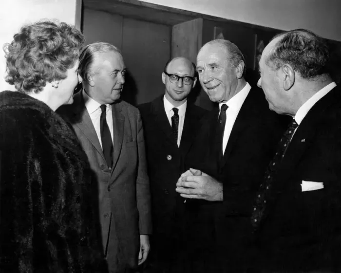 Framed Print : Prime MInister Harold Wilson with his wife Mary Wilson talking with Manchester United Framed Print : Prime MInister Harold Wilson with his wife Mary Wilson talking with Manchester United