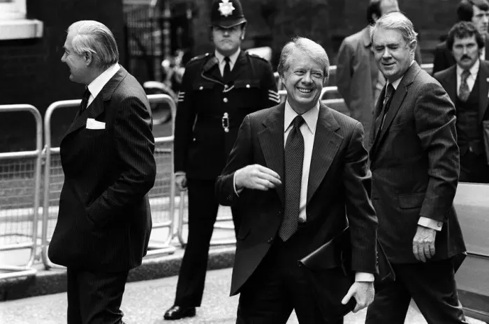 Framed Print : Prime Minister James Callaghan, May 1977, meets Jimmy Carter at the the Summit of Seven