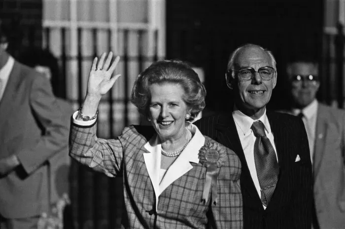 Framed Print : Prime Minister Margaret Thatcher, her husband, Denis Thatcher celebrate winning a third Framed Print : Prime Minister Margaret Thatcher, her husband, Denis Thatcher celebrate winning a third
