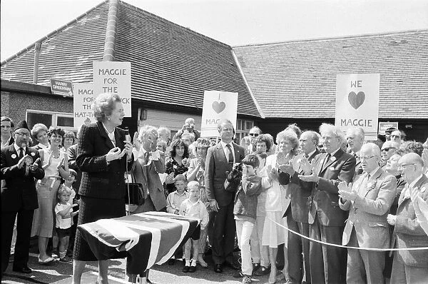 Prime Minister Margaret Thatcher campaigning in Ealing with Harry Greenway. 30th May 1987