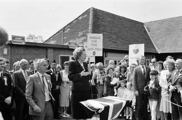 Framed Print : Prime Minister Margaret Thatcher campaigning in Ealing with Harry Greenway. 30th May 1987