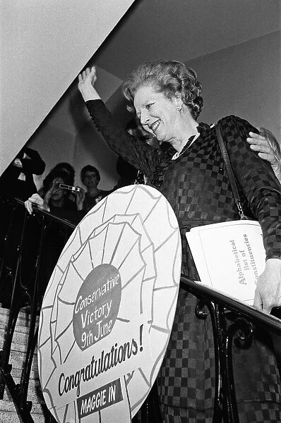 Prime Minister Margaret Thatcher celebrates at Conservative party headquarters after